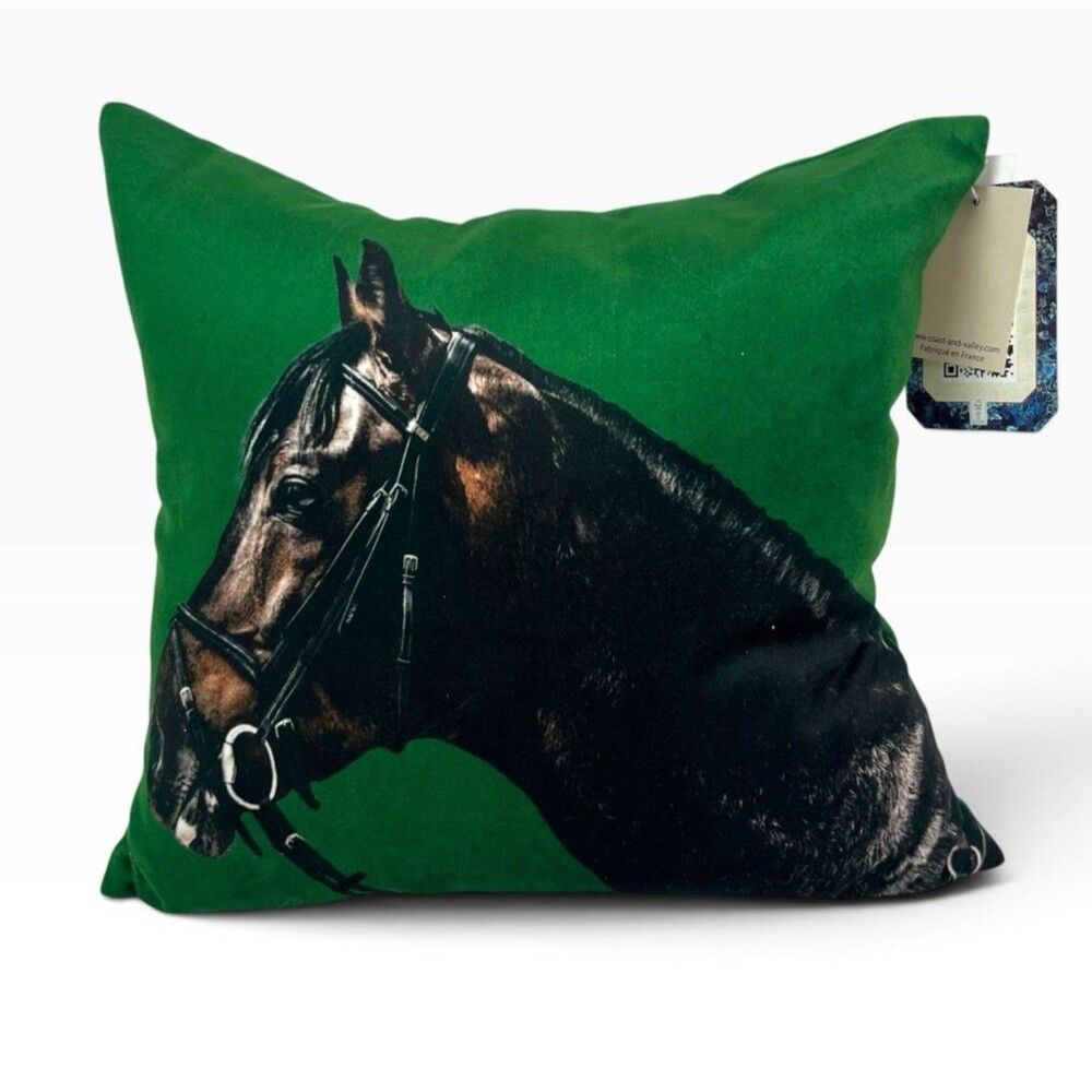 Artpilo Maxime Gautier Horse Herd Velvet Throw Pillow Green Equestrian France